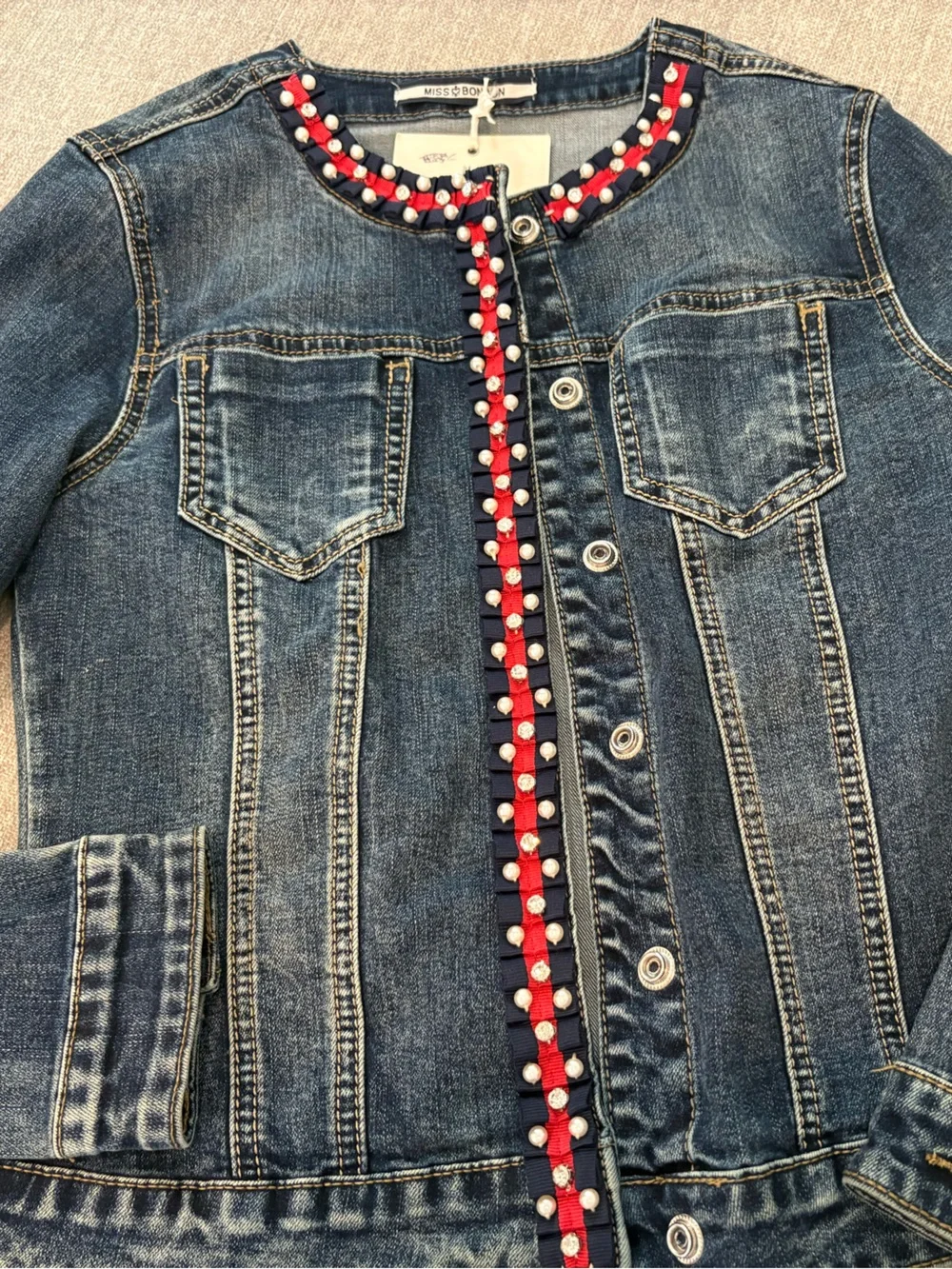 Girls' Blue Denim Jacket with Red & Navy, Pearl & Rhinestone Trim